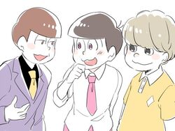  3boys atsushi_(osomatsu-san) commentary_request extra formal futsuumaru male_focus matsuno_todomatsu multiple_boys necktie osomatsu-kun osomatsu-san osomatsu_(series) pink_necktie pink_shorts polo_shirt rey0 shorts simple_background smile suit white_background yellow_necktie 