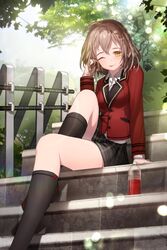  ;p bad_id bad_link bad_twitter_id devil_maker female kneehighs lens_flare one_eye_closed outdoors rheez school_uniform sitting sitting_on_stairs socks solo stairs tongue tongue_out yellow_eyes 