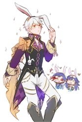  2boys absurdres allenerie animal_ears blood blue_hair blush chibi chrom_(fire_emblem) chrom_(spring)_(fire_emblem) commentary_request father_and_daughter female fire_emblem fire_emblem_awakening fire_emblem_heroes formal gloves highres long_hair lucina_(fire_emblem) lucina_(spring)_(fire_emblem) male_focus multiple_boys necktie nosebleed rabbit_ears rabbit_tail robin_(fire_emblem) robin_(male)_(fire_emblem) short_hair smile suit tail white_background white_hair yellow_eyes 