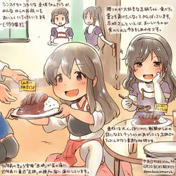  5girls aged_down akagi_(kancolle) ashigara_(kancolle) black_eyes black_hair bob_cut brown_hair commentary_request curry curry_rice dated door elbow_gloves food glass gloves hakama hakama_skirt hand_on_own_face japanese_clothes juice kaga_(kancolle) kantai_collection katsu_(food) katsu_curry kirisawa_juuzou long_hair multiple_girls muneate myoukou_(kancolle) nachi_(kancolle) numbered plate rice side_ponytail skirt spoon thighhighs translation_request twitter_username uniform 