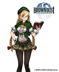  arines_(brown_dust) arm_ribbon ascot belt belt_buckle beret black_ribbon blonde_hair blue_eyes book bow braid breasts brown_belt brown_dust buckle cape capelet center_frills closed_mouth commentary_request copyright_name cowboy_shot female frills glasses green_cape green_hat green_skirt hairbow hand_on_own_hip hand_up hat holding holding_book ing9 legs_apart long_hair looking_at_viewer medium_breasts miniskirt open_book pantyhose parted_bangs photoshop_(medium) pleated_skirt puffy_short_sleeves puffy_sleeves red-framed_eyewear red_bow ribbon semi-rimless_eyewear shirt short_sleeves simple_background skirt smile solo standing twin_braids under-rim_eyewear white_background white_shirt wrist_cuffs 