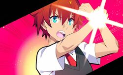  1boy blue_eyes commentary_request gridman_universe hibiki_yuuta male_focus necktie open_mouth red_hair red_necktie school_uniform sebychu shirt short_hair short_sleeves ssss.gridman white_shirt 