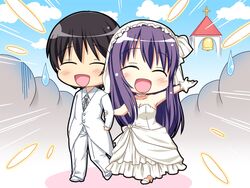  1boy arihara_nodoka bell brown_hair chibi closed_eyes cross dress female game_cg kamikihara_motofumi narumi_suzune purple_hair solo tojita_sekai_no_tori_colony wedding wedding_dress 