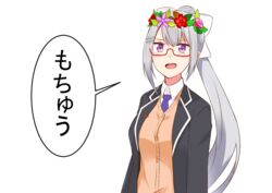  blazer cardigan commentary_request female flower_wreath glasses grey_hair head_wreath higuchi_kaede higuchi_kaede_(1st_costume) jacket long_sleeves mole mole_under_eye nijisanji ponytail purple_eyes shirt smile translated virtual_youtuber white_background yagara_(kishimen_f) 