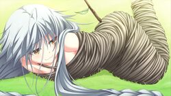  female game_cg grey_hair mummification narumi_suzune nude rope tojita_sekai_no_tori_colony yellow_eyes 