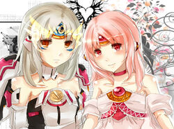  2girls apple_(elsword) bare_shoulders blush brown_eyes choker code:_empress_(elsword) code:_nemesis_(elsword) commentary_request elsword eve_(elsword) expressionless forehead_jewel long_hair mohuta1203 multiple_girls pink_hair red_eyes smile upper_body white_hair 