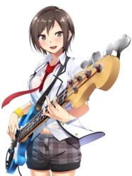  bass_guitar black_shorts blush brown_eyes brown_hair collared_shirt commentary_request female fender_jazz_bass guitar highres holding instrument jacket loose_necktie music navel necktie playing_instrument seto_ferb shirt short_hair shorts simple_background smile solo tokyo_7th_sisters tomohiro_kai white_background white_shirt wristband 