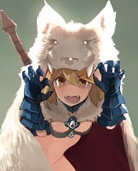  alternate_costume berserker_(granblue_fantasy) blonde_hair breasts brown_eyes cloak commentary_request djeeta_(granblue_fantasy) fangs female gauntlets granblue_fantasy hood hooded_cloak looking_at_viewer medium_breasts natsui_tuna open_mouth pelt short_hair solo sword tears teeth weapon 