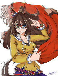  absurdres animal_ears belt blue_eyes bracelet breasts brown_hair cleavage commentary_request dated domino_mask el_condor_pasa_(umamusume) female grin highres horse_ears horse_girl horse_tail jewelry long_hair mask medium_breasts minata_(axl19941120) photoshop_(medium) school_uniform serafuku simple_background smile solo tail umamusume white_background 