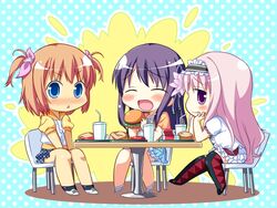  3girls arihara_nodoka brown_hair chibi closed_eyes food game_cg hamburger miyamori_korone multiple_girls narumi_suzune pink_hair purple_hair shijo_yuki tojita_sekai_no_tori_colony 