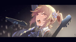  aiguillette alternate_costume alternate_hairstyle aningay arm_up ascot blonde_hair blurry blurry_background blush braid commentary elbow_gloves electric_guitar female flower french_braid girls&#039;_frontline gloves glowstick guitar hair_between_eyes hair_flower hair_ornament highres holding holding_instrument instrument jacket letterboxed long_hair long_sleeves microphone nagant_revolver_(astral_bond)_(girls&#039;_frontline) nagant_revolver_(girls&#039;_frontline) official_alternate_costume open_mouth puffy_short_sleeves puffy_sleeves short_sleeves sidelocks signature striped_clothes striped_gloves 