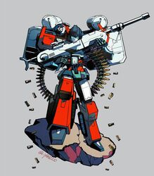  1980s_(style) 1boy autobot blue_eyes cannon commentary_request full_body glowing glowing_eyes grey_background gun handgun holding holding_gun holding_weapon looking_at_viewer male_focus no_humans perceptor_(transformers) retro_artstyle rifle simple_background sniper_rifle solo transformers transformers:_generation_1 uniform weapon yasuko_(kingugidora) 