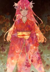  bad_id bad_pixiv_id bonnou-s-rice female flower hair_ornament japanese_clothes kimono long_hair misha_(pita_ten) pink_eyes pink_hair pita_ten rabbit_hair_ornament red_kimono smile solo 