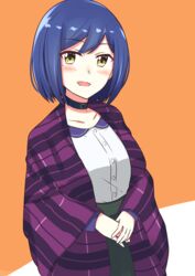  blouse blue_hair choker collarbone commentary_request female looking_at_viewer mole mole_under_eye nijisanji orange_background own_hands_together shawl shirt shizuka_rin short_hair skirt smile virtual_youtuber yagara_(kishimen_f) yellow_eyes 