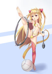  absurdres ahoge azur_lane ball barefoot blonde_hair blue_background blush braid breasts brown_eyes collarbone commentary_request crescent crescent_(azur_lane) crescent_hair_ornament detached_sleeves feet female full_body groin hair_between_eyes hair_ornament hands_on_feet highres holding holding_own_foot leg_up long_hair long_sleeves looking_away medium_breasts navel parted_lips plantar_flexion red_thighhighs soles solo standing standing_on_one_leg star_(symbol) star_hair_ornament the_hermit thighhighs toes two-tone_background two_side_up v-shaped_eyebrows very_long_hair white_background 