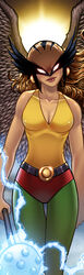  belt dc_comics dcau feathered_wings female female green_legwear hawkgirl helmet mace mask sleeveless solo weapon wings yellow_shirt 