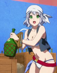  amagi_brilliant_park animated animated bandana bare_shoulders belt bikini bottle breasts cleavage female female green_eyes large_breasts lowres muse_(amaburi) navel silver_hair solo stocks swimsuit vest 