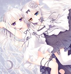  2girls :o animal_ears bad_id bad_pixiv_id breasts cat_ears cleavage commentary_request constellation crescent dress gear_hair_ornament gears hair_ornament heterochromia long_hair multiple_girls no_panties original rolo_noir silver_hair single_thighhigh small_breasts starry_sky_print thighhighs tsukikage_nemu wings yves_astroel 