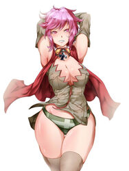  armpits arms_up breasts cape cleavage commentary_request cross female guderian_(milihime_taisen) iron_cross kanta_(x-tei) large_breasts milihime_taisen military military_uniform panties pink_eyes pink_hair short_hair smile solo thighhighs underwear uniform 