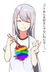  =_= check_translation chopsticks closed_eyes collarbone commentary_request eating female grey_hair higuchi_kaede higuchi_kaede_(2nd_costume) long_hair mole mole_under_eye nijisanji shirt t-shirt translation_request virtual_youtuber white_background yagara_(kishimen_f) 