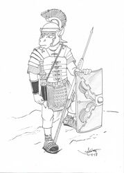  2018 anthro armor clothing equid equine female footwear gladius headgear helmet holding_object horse mammal melee_weapon monochrome polearm pony pony_(horse) rabbi-tom red_shetland roman sandals shetland_pony shield simple_background solo spear standing sword vambrace weapon 