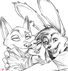  2017 anthro black_and_white buckteeth canid canine clothed clothing disney female fox group group_hug hug hugging_another hybrid judy_hopps lagomorph leporid looking_at_viewer male mammal max_midnight monochrome nick_wilde notched_ear open_mouth open_smile rabbit red_fox signature simple_background smile spintherella teeth true_fox white_background zootopia 