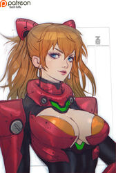  adapted_costume banned_artist blue_eyes breasts brown_hair cleavage cleavage_cutout earrings hairpods jewelry large_breasts lips long_hair neon_genesis_evangelion nose older paul_kwon plugsuit rebuild_of_evangelion shikinami_asuka_langley solo souryuu_asuka_langley twintails upper_body 