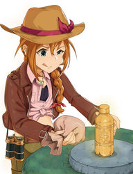  :q absurdres aqua_eyes baba_konomi bag belt binoculars braid brown_coat brown_hair coat commentary_request cosplay dress_shirt female hat hat_ribbon highres idolmaster idolmaster_million_live! indiana_jones indiana_jones_(cosplay) indiana_jones_(series) indiana_jones_and_the_raiders_of_the_lost_ark jewelry midriff minata_(axl19941120) necklace parody photoshop_(medium) pink_shirt ribbon shirt single_braid squinting tied_shirt tongue tongue_out white_background 