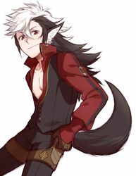  1boy animal_ears black_hair commentary_request craneace fire_emblem fire_emblem_fates keaton_(fire_emblem) long_hair male_focus multicolored_hair pectoral_cleavage pectorals scar simple_background solo tail two-tone_hair white_background white_hair wolf_ears wolf_tail 