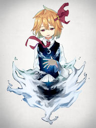  black_skirt blonde_hair collared_shirt commentary_request crescent deemo female gradient_background hair_ribbon highres long_sleeves looking_down mumyuu necktie parody red_eyes red_necktie red_ribbon reflection_(mirror_night)_(deemo) ribbon rumia shirt short_hair skirt skirt_set solo touhou vest white_shirt wing_collar 