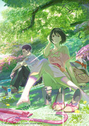  1boy absurdres akizuki_takao bag barefoot book feet female flower hat kotonoha_no_niwa light_rays light_smile pants short_hair sitting sunbeam sunlight toes tree water watermark yukino_yukari 