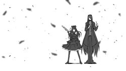  2girls abyssal_ship alternate_costume battleship_princess bow commentary_request dress formal greyscale height_difference horns instrument isolated_island_oni kantai_collection kekkai_sensen long_hair monochrome multiple_girls parody sugar_song_and_bitter_step suit very_long_hair yuuki_(yuuki333) 