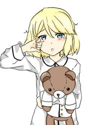  :o aqua_eyes bear blonde_hair blush breasts buttons clenched_hand commentary_request female hair_between_eyes holding kossel_(milihime_taisen) long_sleeves looking_at_viewer milihime_taisen pajamas parted_bangs rubbing_eyes short_hair simple_background sleepwear sleepy small_breasts stuffed_animal stuffed_toy swept_bangs tears teddy_bear tropicanaa upper_body white_background 