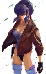  breasts cleavage commentary_request female ghost_in_the_shell ghost_in_the_shell_stand_alone_complex gloves highres hikonyaaa jacket kusanagi_motoko leotard medium_breasts purple_hair purple_leotard red_eyes short_hair solo wind 