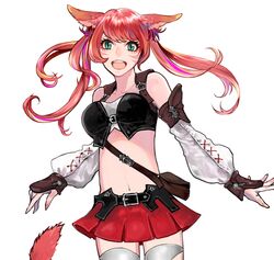  animal_ears female final_fantasy final_fantasy_xiv green_eyes midriff miqo&#039;te open_mouth red_hair solo tail twintails warrior_of_light_(ff14) yum0811 