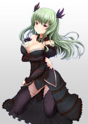  bare_shoulders black_dress black_thighhighs breast_hold breasts brooch commentary_request detached_sleeves dress female frilled_dress frills green_hair grey_background highres jewelry large_breasts long_hair melvina_(sennen_sensou_aigis) okina_(805197) purple_eyes sennen_sensou_aigis simple_background smile solo thighhighs 