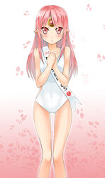  2012 absurdres apple_(elsword) bare_legs blush cherry_blossoms code:_empress_(elsword) commentary elsword eve_(elsword) female forehead_jewel gradient_background highres long_hair one-piece_swimsuit own_hands_together photoshop_(medium) pink_background pink_eyes pink_hair solo standing swimsuit ukeuke white_background white_one-piece_swimsuit 