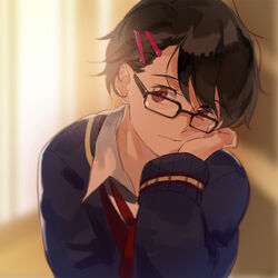  1boy aldnoah.zero bespectacled black_hair chino_kawashiku commentary glasses kaizuka_inaho long_sleeves male_focus necktie photoshop_(medium) red_eyes school_uniform solo sweater symbol-only_commentary 