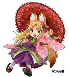  animal_ears bad_id bad_pixiv_id bell blonde_hair bow emil_chronicle_online female floral_print fox_ears fox_tail hairbow hakama hakama_skirt japanese_clothes jingle_bell kimono loki_alma long_hair oerba_yun_fang open_mouth parasol pink_kimono purple_hakama sandals shiina_yuuto skirt solo tail umbrella watermark white_background white_legwear yellow_eyes 