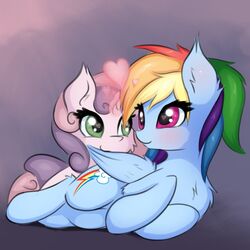  1:1 2018 age_difference allopreening blue_body blue_feathers blush cutie_mark digital_media_(artwork) duo equid equine eyelashes feather_preening feathered_wings feathers female female/female feral friendship_is_magic fur glowing glowing_horn green_eyes grey_background hair hasbro heart_eyes heart_symbol hi_res hooves horn love lying magic mammal multicolored_hair my_little_pony mythological_creature mythological_equine mythology nom nude pegasus personal_grooming purple_eyes purple_hair rainbow_dash_(mlp) rainbow_hair shaded simple_background smile social_grooming sweetie_belle_(mlp) twiren two_tone_hair unicorn wings young young_feral 