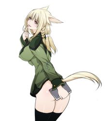  animal_ears ass black_thighhighs blonde_hair book braid breasts brown_eyes cat_ears cat_girl cat_tail chinese_commentary commentary_request covered_nipples covering_privates fangs female final_fantasy final_fantasy_xiv finger_to_mouth highres large_breasts long_hair miqo&#039;te parted_lips q_azieru simple_background smile solo standing tail thighhighs twin_braids warrior_of_light_(ff14) white_background yellow_tail 