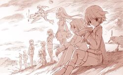  6+girls aircraft airplane commentary_request highres kankurou milihime_taisen military military_uniform monochrome multiple_girls sepia uniform 