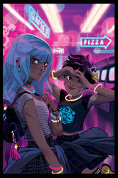  2girls animal_ears arcade arcade_cabinet arcade_game backpack bangs black_hair bracelet brown_eyes cat_ear_hairband cat_ears choker clothes_around_waist controller dark_skin dc_comics dice earrings fake_animal_ears glowing glowing_jewelry gotham_academy hair_clip hairband jacket jacket_around_waist jewelry joystick maps_mizoguchi multiple_girls necklace neon_lights neon_sign olive_silverlock plaid_skirt pleated_skirt print_shirt red_eyes short_hair sign silver_hair skirt striped_shirt stuffed_toy tassel teddy_bear thighhighs toy yellow_shoes 