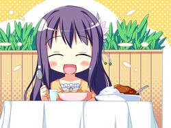  arihara_nodoka chibi closed_eyes female food game_cg narumi_suzune purple_hair solo tojita_sekai_no_tori_colony 