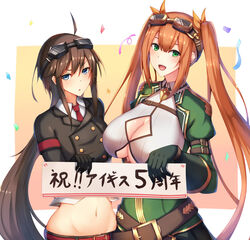  2girls :d ahoge anniversary armband belt belt_buckle black_gloves blue_eyes blush breasts brown_belt brown_hair buckle buttons cleavage cleavage_cutout clothing_cutout collared_shirt commentary_request confetti crossed_belts double-breasted dress_shirt frederica_(sennen_sensou_aigis) gloves goggles goggles_on_head gold_trim green_eyes height_difference holding holding_sign huge_breasts kamokatatsumuri kanon_(sennen_sensou_aigis) large_breasts long_hair multiple_girls navel necktie open_mouth orange_hair red_armband red_belt red_necktie sennen_sensou_aigis shirt sidelocks sign smile translation_request twintails very_long_hair white_shirt wing_collar 