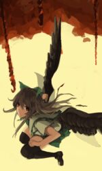  absurdres bad_id bad_pixiv_id black_hair black_thighhighs black_wings bow brown_footwear cape chains expressionless feathered_wings female flying frilled_shirt_collar frills green_skirt hairbow highres hook looking_at_viewer red_eyes reiuji_utsuho shirt shoes short_sleeves skirt solo thighhighs thighs touhou unitsu white_shirt wings 