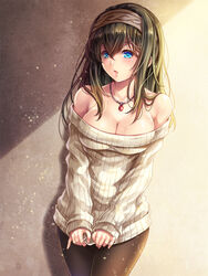  bare_shoulders black_hair blue_eyes blush breasts cleavage commentary_request female hairband idolmaster idolmaster_cinderella_girls jewelry large_breasts long_hair long_sleeves looking_at_viewer makirin necklace off-shoulder_sweater off_shoulder open_mouth pantyhose photoshop_(medium) ribbed_sweater sagisawa_fumika solo sweater 