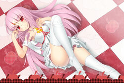  apple apple_(elsword) checkered_background code:_empress_(elsword) commentary_request elsword eve_(elsword) female food forehead_jewel fruit long_hair lying name_connection object_namesake ootsuki_momiji pink_hair red_apple red_eyes skirt smile solo thighhighs white_skirt white_thighhighs 