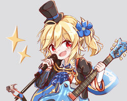  aiguillette alternate_costume alternate_hairstyle bad_id bad_pixiv_id blonde_hair blue_cape blue_flower cape commentary_request electric_guitar female flower girls&#039;_frontline guitar hair_between_eyes hair_flower hair_ornament hat highres holding holding_instrument instrument matsuo_(matuonoie) nagant_revolver_(astral_bond)_(girls&#039;_frontline) nagant_revolver_(girls&#039;_frontline) official_alternate_costume open_mouth red_eyes simple_background solo top_hat upper_body 