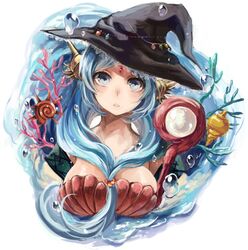  blue_eyes blue_hair breasts bubble cleavage commentary_request coral female front_ponytail hat jewelry large_breasts long_hair looking_at_viewer magi_the_labyrinth_of_magic shell shell_bikini solo staff tomoyami water witch_hat yamuraiha 